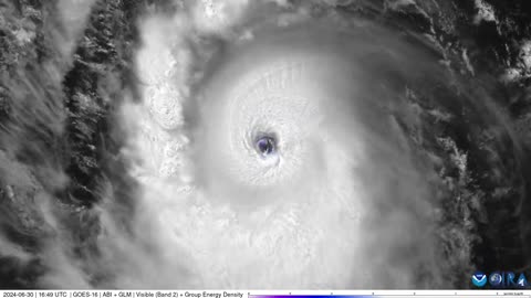 A remarkable hi-res view of abundant lightning flashes within Hurricane Beryl's eye wall.