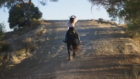 Back view of graceful horse galloping up the hill with female equestrian on back