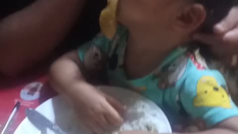 Hungry Baby Eat Cooked Rice in her own.
