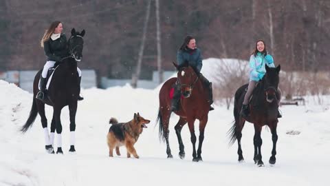 Three women on horseback in a village with a dog running near by them during the winter