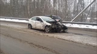 Cars Crash on Icy Russian Road
