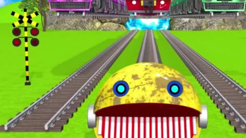 【踏切アニメ】 あぶない電車 Ms PACMAN Vs 5 Train Crossing Fumikiri 3D Railroad Crossing Animation