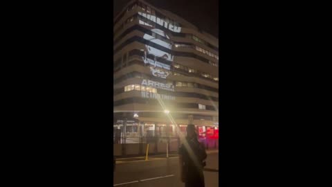 "WANTED, ARREST NETANYAHU" Projected on Benjamin Netanyahu's Hotel Room in Washington, D.C.