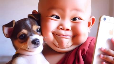 Funny Cute baby with dog friend