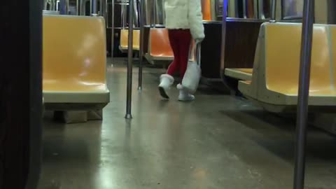 Woman white fur coat and red pants