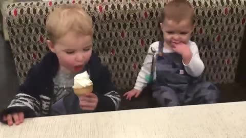 Toddler Slyly Attempts to Lick Ice Cream Cone in Elder Brother's Hand