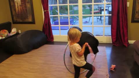 Toddler tires teaching dog to Hula hoop