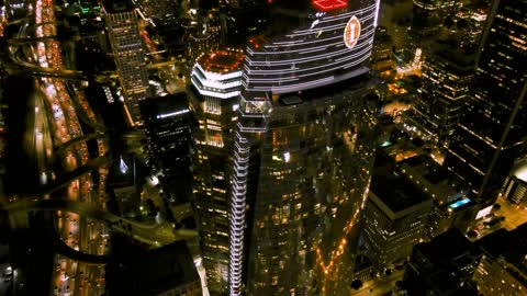 View of downtown Los Angeles at night .... via drone footage