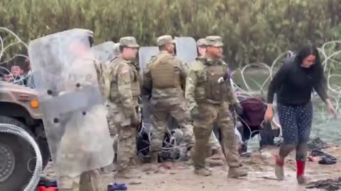 Texas National Guard utilizing riot shields in Eagle Pass, to prevent Illegals from entering