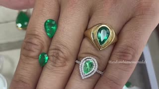 Pear shape Colombian emerald halo, three stone & solitaire classic unique gold platinum ring styles