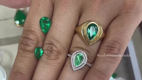 Pear shape Colombian emerald halo, three stone & solitaire classic unique gold platinum ring styles