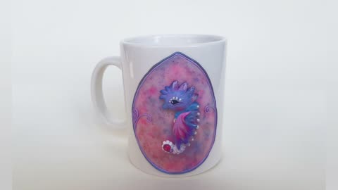White mug with decor "Seahorse" made of polymer clay. Ceramic cup for a gift AnneAlArt
