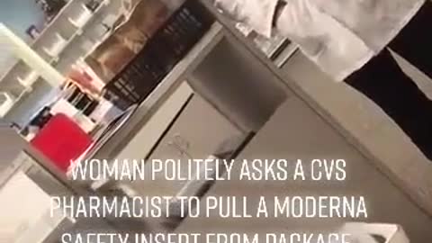 Woman politely asks a Pharmacist to pull a Moderna safety insert from package. It's blank