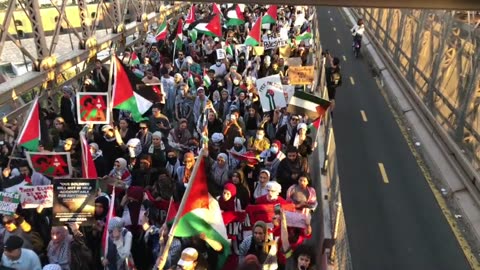 Thousands and thousands of New Yorkers take over the Brooklyn bridge for a free Palestine