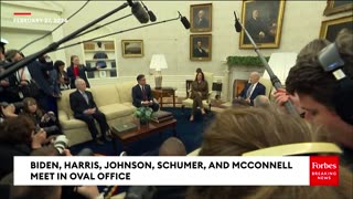 Biden Calls For Ukraine Aid, Ignores Reporter Questions In Meeting With Johnson, McConnell