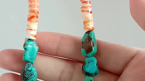 Free-shape Natural turquoise with Orange spiny oyster simple pretty necklace 20230919-04-08