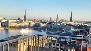 Sunny roof terrace panoramic view video from Hamburg, Germany