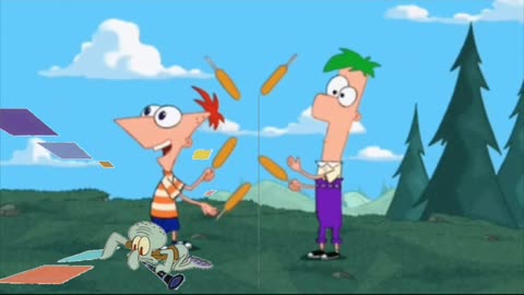 Squidward Is Playing With Tiles While Phineas and Ferb Juggle Corndogs