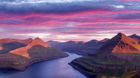 (4K/UHD)Incredible Purple Sunset Over the Majestic Fjords Loop Free To Use (No Copyright)