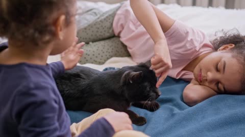 Two Kids petting their Cat on their Bed