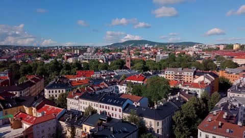 aerial fly over of oslo norway dusring the summer