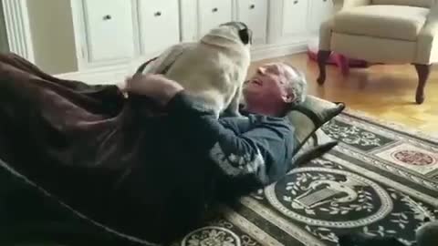 Dog Gets Cozy in Blanket With Their Owner While He Lies Down in Front of Fireplace