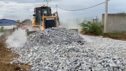 New bulldozer spreading gravel processing features building road foundation-2