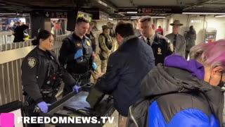 National Guard and police CHECKING BAGS at subway station in New York City