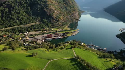 aurlandsfjord town of flam at dawn