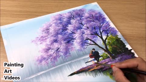 Couple In Love Under Jacaranda Tree / Acrylic / Painting Art / Spring