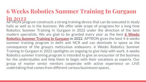 6 Weeks Robotics Summer Training in Gurgaon in 2022