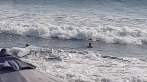 Guy on blue surfboard falls off in water