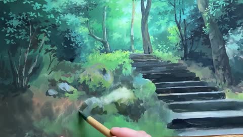If you don't want to go out in summer, let's paint a summer forest with the teacher.