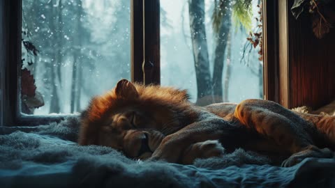 Big friend Cozy Purring Lion ASMR Peaceful Evening Fireplace and Gentle Purr