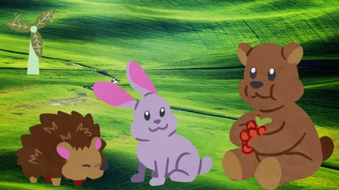 "Whimsical Wildlife Picnic: Cartoon Bear, Rabbit, Hedgehog 🐻🐰🦔🌿"