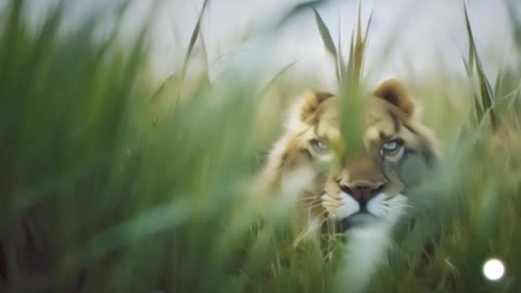 a slow camera push in on a lion in the tall grass. Cinematic, film