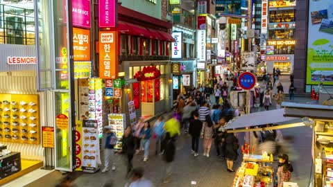 Seoul People Night City Illuminated Urban Market 4K