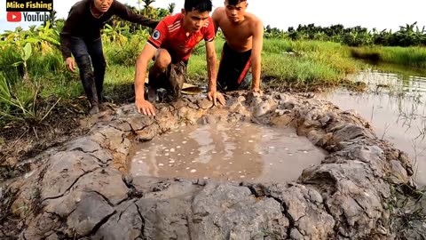 Group of Brave Hunters Facing Giant Carnivorous Fishes Attac