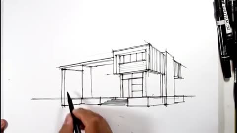 Draw A Three-dimensional Building With A Black Pen