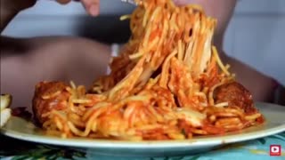 Asmr eating cheesy meatball spaghetti
