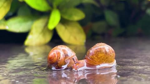 Snail crawling in rain