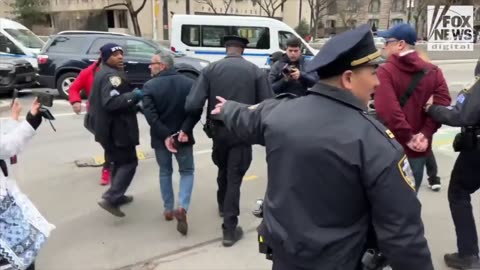 Scott LoBaido is arrested after throwing pizza over the gates of New York City Hall