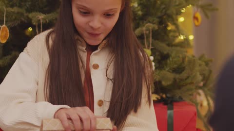 Girl excited to open Christmas gift box