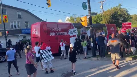 Justin Trudeau's Bus Forced To Stop After Being Swarmed By Protesters