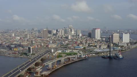 Lagos City Nigeria Drone Drone shot orbits around island Lagos, Nigeria.