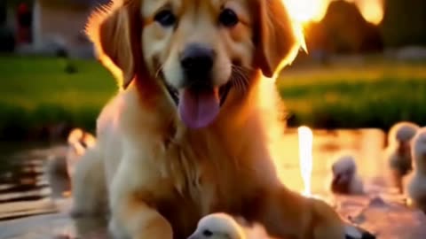 cute ducks and puppy swimming together