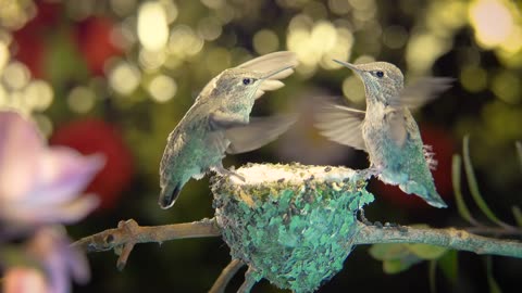 The brief moment of two baby hummingbirds flapping wings face to face