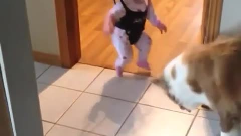 Bebê dando muita risada com seu cachorro pulando.