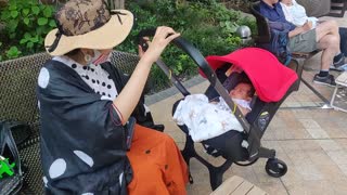 Japanese lady pushing a sleeping baby in a stroller