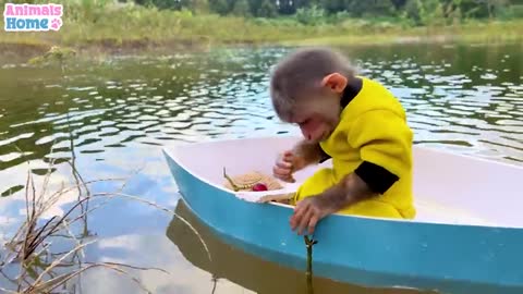 BiBi rowes boat to pick fruit